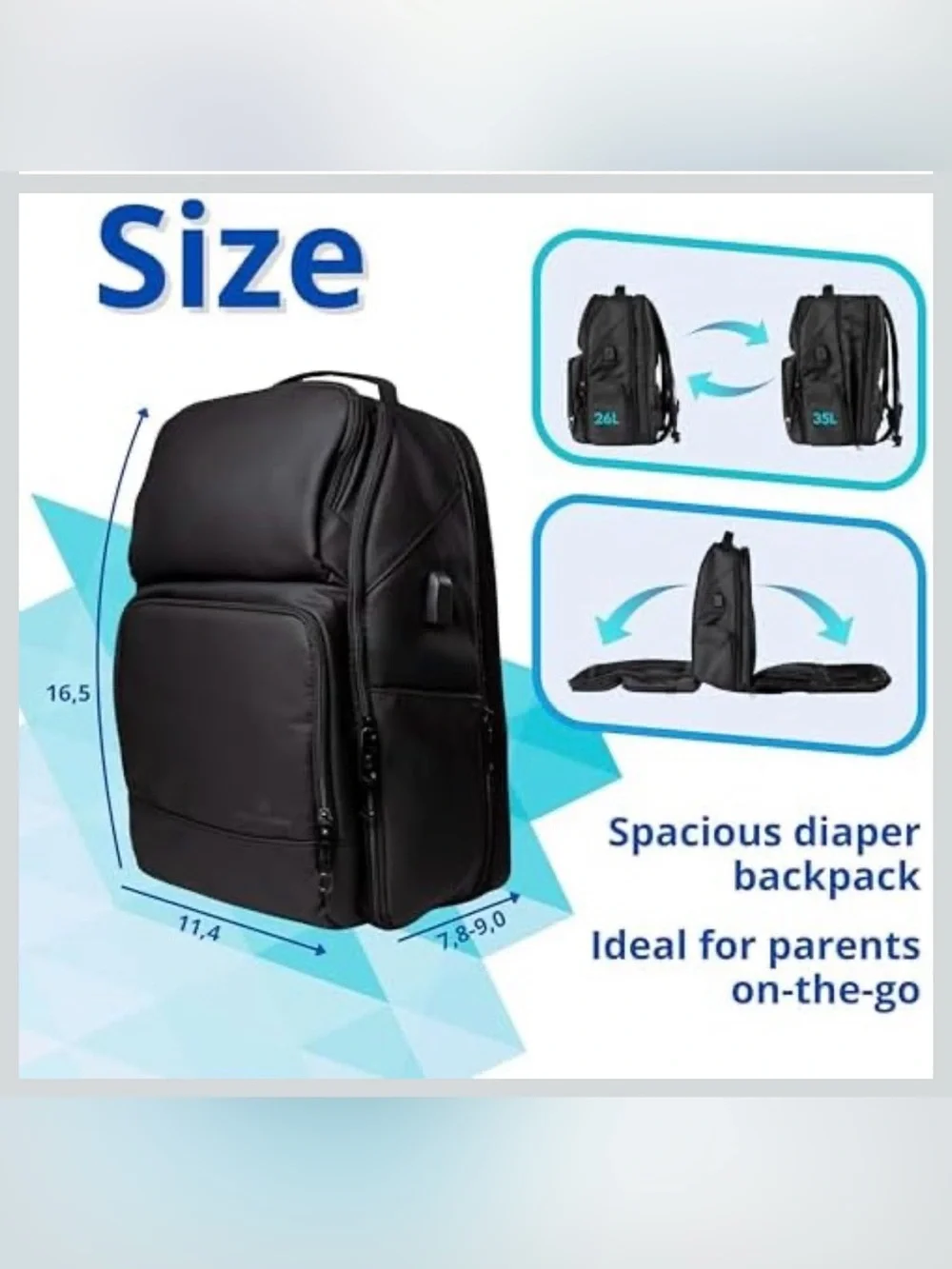 Diaper Bag Backpack – Baby Bag With USB Port, Changing Pad, Laptop Pocket